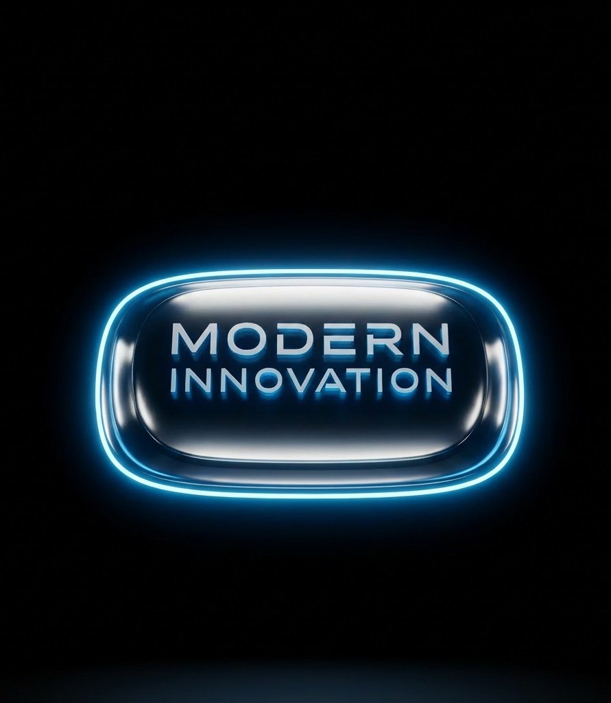 A glossy badge logo reading Modern Innovation, outlined in glowing blue neon on black
