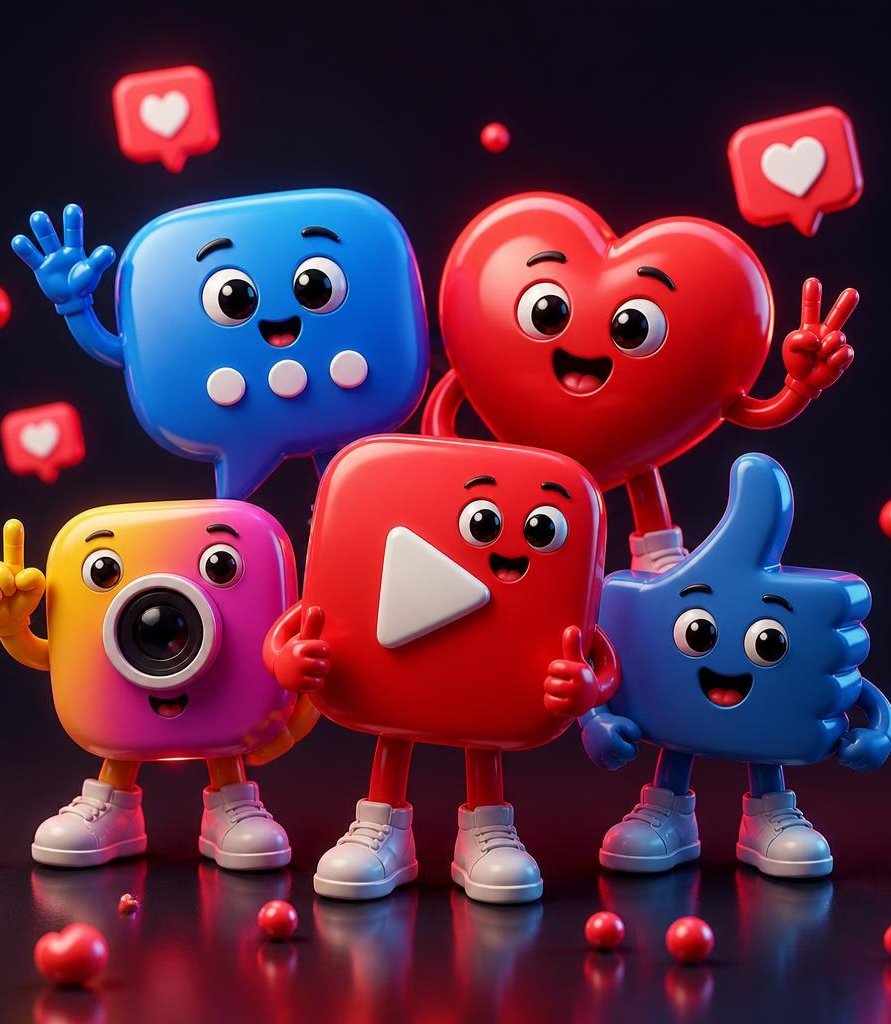 Cheerful 3D social media characters - a chat bubble, a heart, a camera, a play button and a thumbs-up