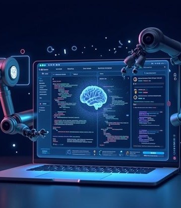 Robotic arms working on a laptop displaying code and an AI model