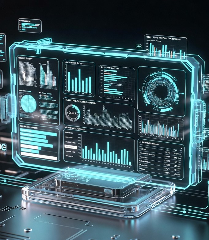 A holographic analytics dashboard of charts and metrics above a circuit board