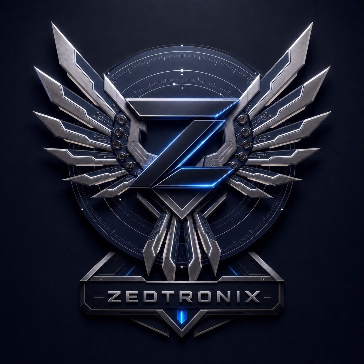 The Zedtronix winged Z emblem in brushed steel and blue light above a ZEDTRONIX name plate