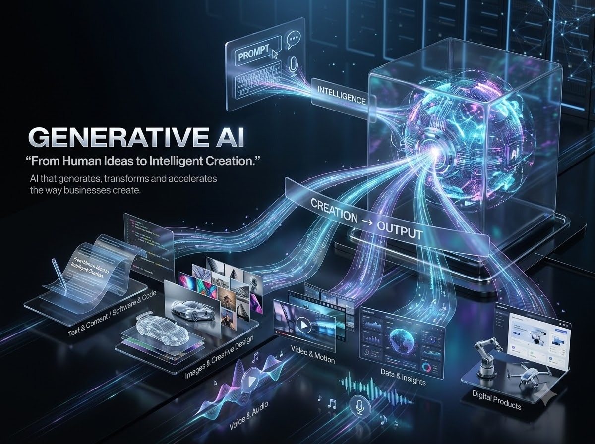 Generative AI infographic - a prompt flowing into a glass cube and out as text, images, video, audio and data