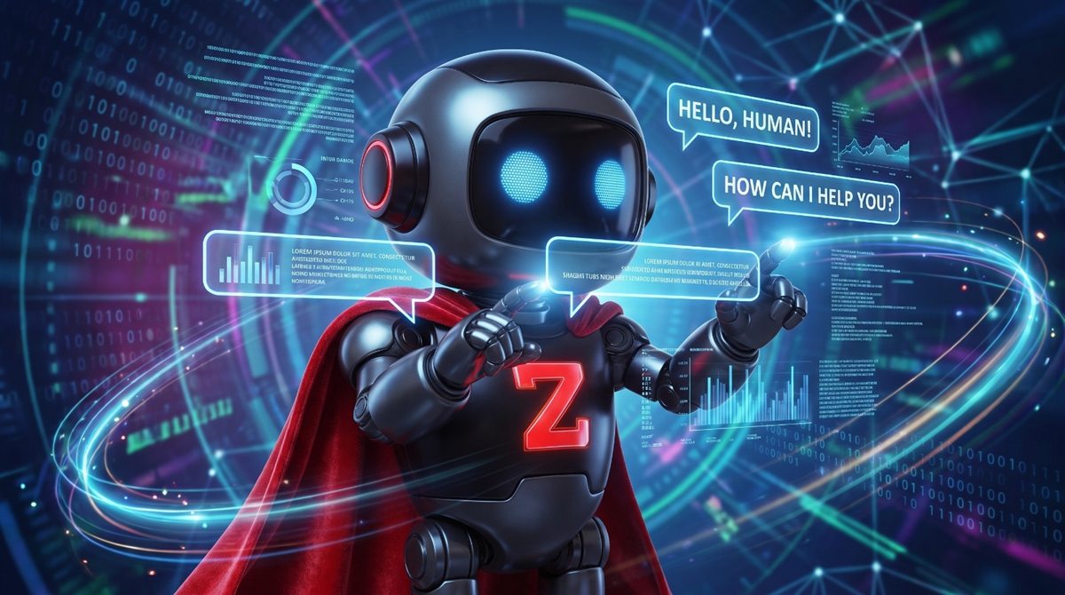 Mr. Zed, the Zedtronix AI assistant mascot - a black robot with a red cape and a glowing red Z among holographic chat bubbles