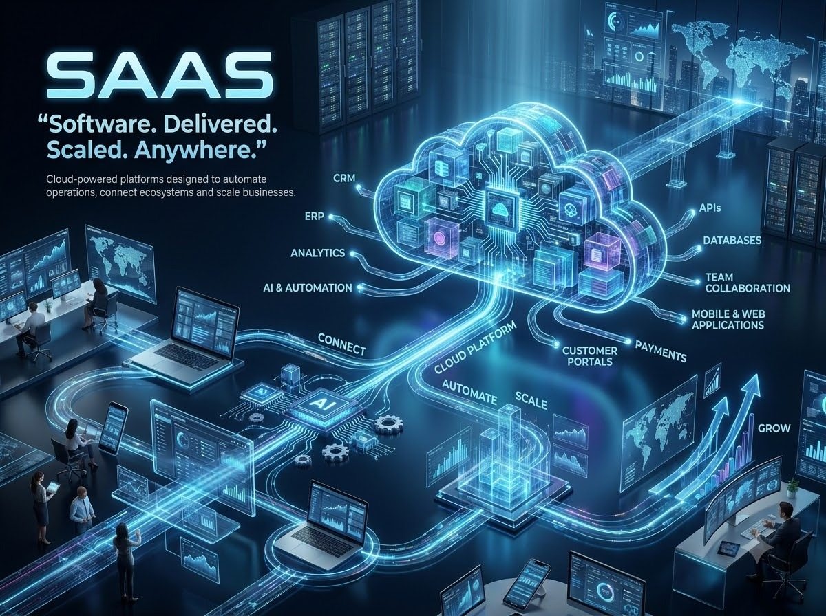 SaaS infographic - a glowing cloud platform connected to CRM, ERP, analytics, AI and payments