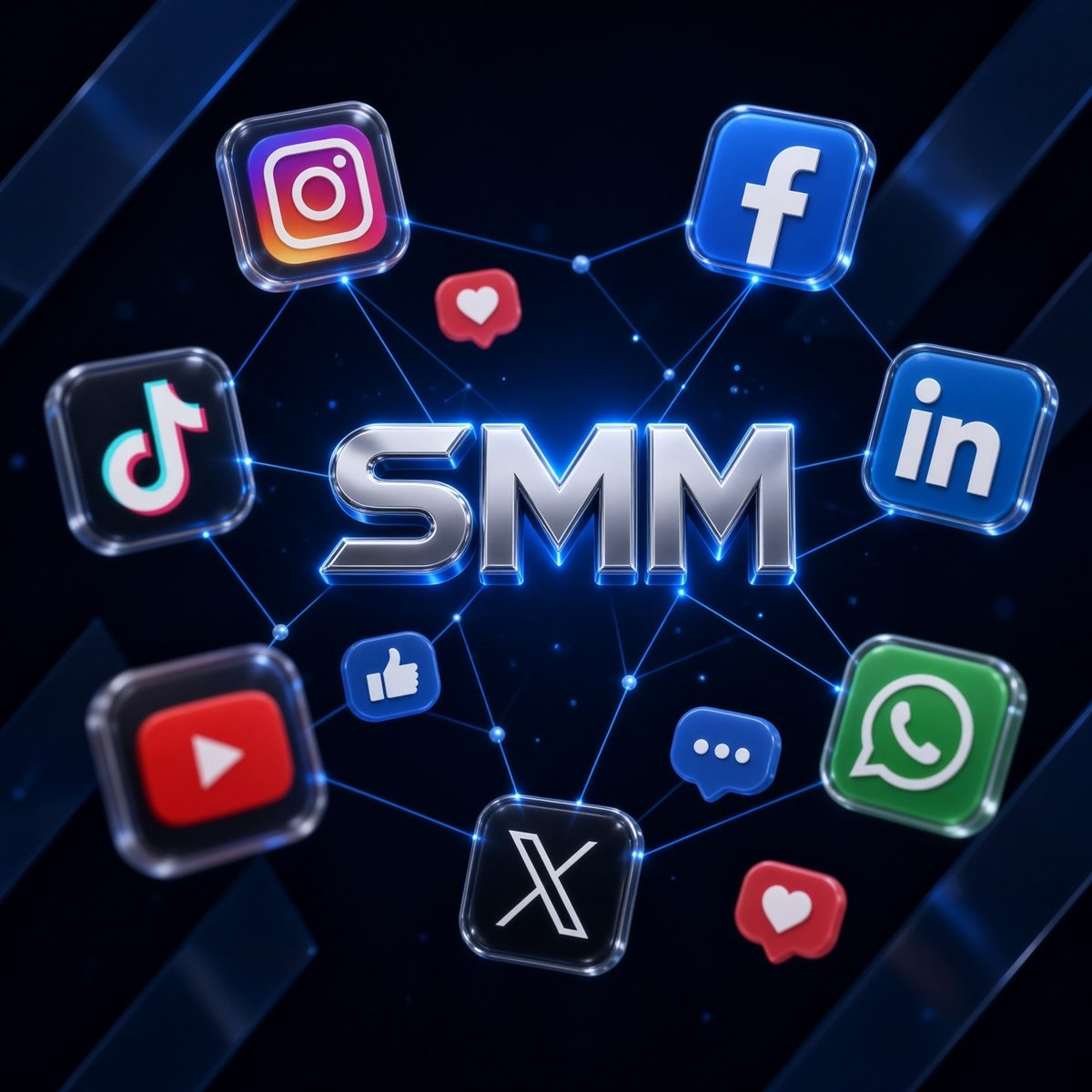 SMM in chrome letters surrounded by glossy social media app icons