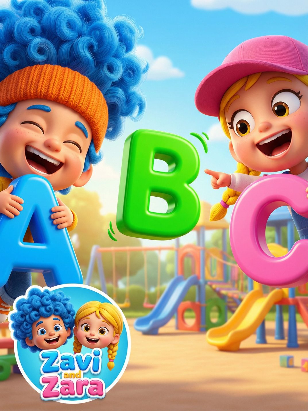 Zavi and Zara, two animated children holding giant A, B and C letters in a playground