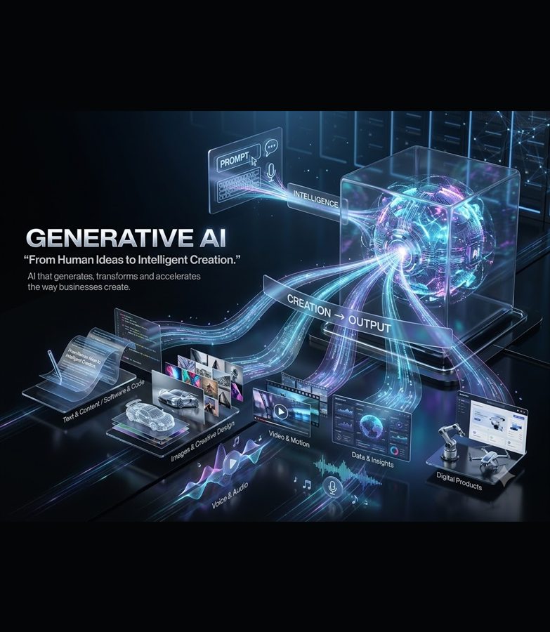 Generative AI infographic - a prompt flowing into a glass cube and out as text, images, video, audio and data