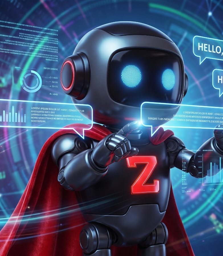 A black robot mascot with a red cape and a glowing red Z among holographic chat bubbles