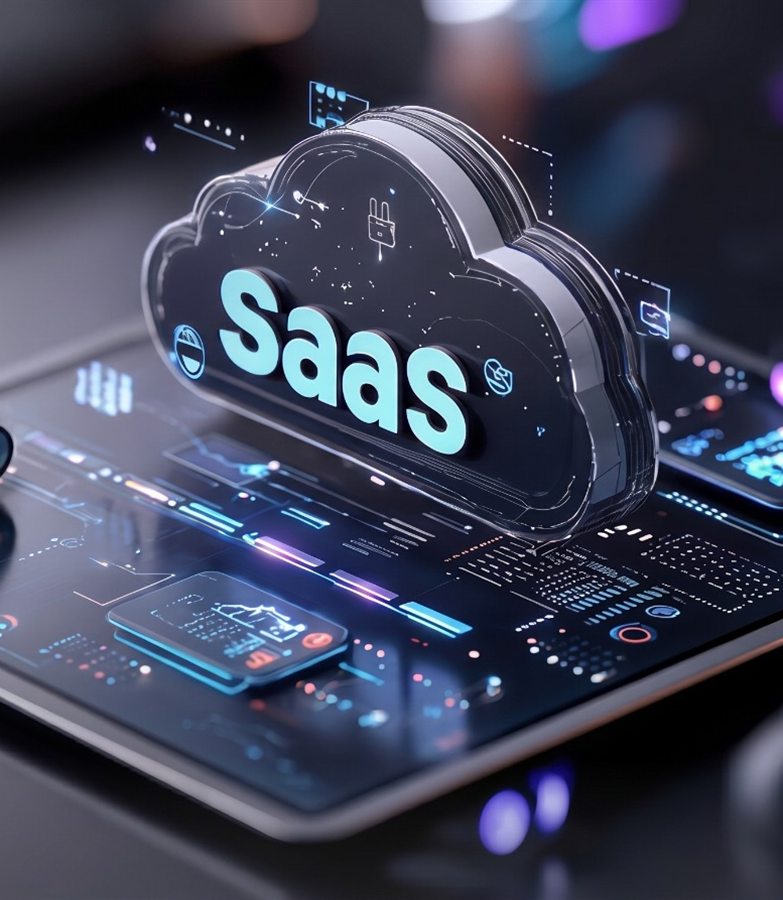 A glass cloud labelled SaaS floating above a tablet of dashboards