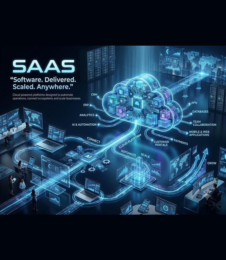 SaaS infographic - a glowing cloud platform connected to CRM, ERP, analytics, AI and payments