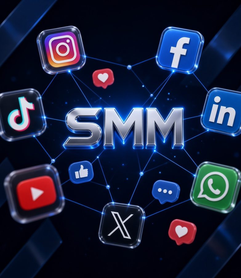 SMM in chrome letters surrounded by glossy social media app icons