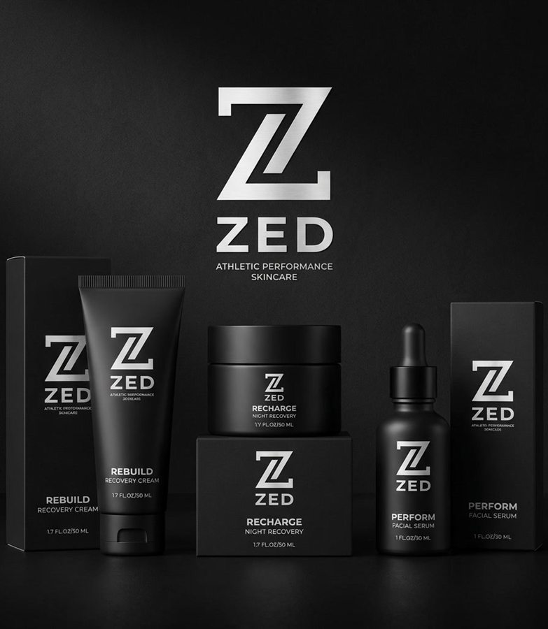 ZED athletic skincare packaging - black tubes, jars, a serum bottle and boxes with a silver Z
